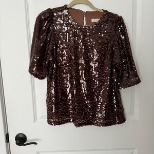 LOFT Brown Sequin Top Large Petite